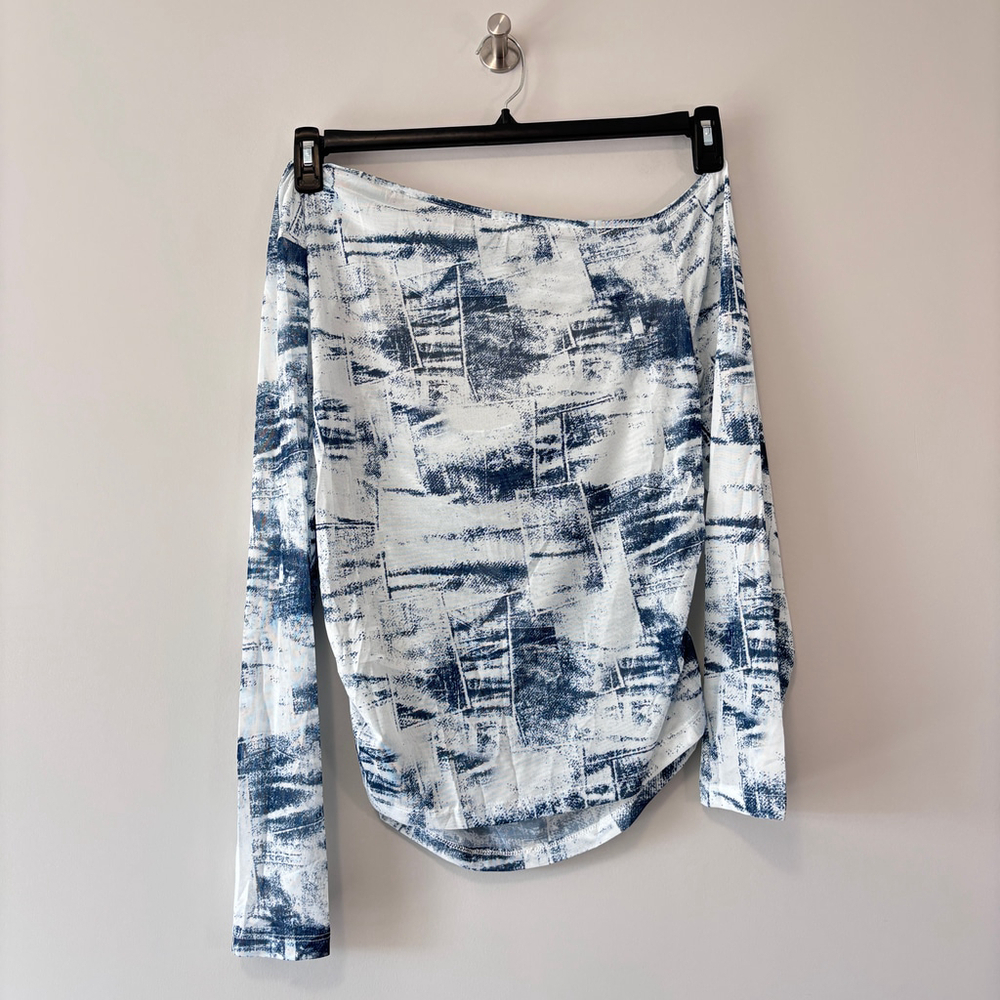 SHEIN Women's 2XL Stylish Off-Shoulder Drape Top Blue White Abstract Shirt NIB